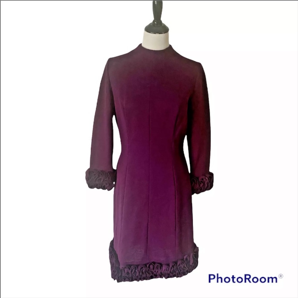 1960s Vintage Abella Paris Sz  8 Wool Sheath Dress Purple Ruffled Cocktail USA